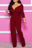 Red Fashion Casual Solid With Belt V Neck Regular Jumpsuits