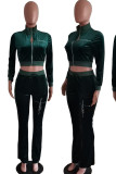 Green Casual Solid Embroidered Patchwork Zipper Long Sleeve Two Pieces