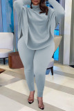 Light Blue Fashion Casual Solid Basic Turtleneck Long Sleeve Two Pieces