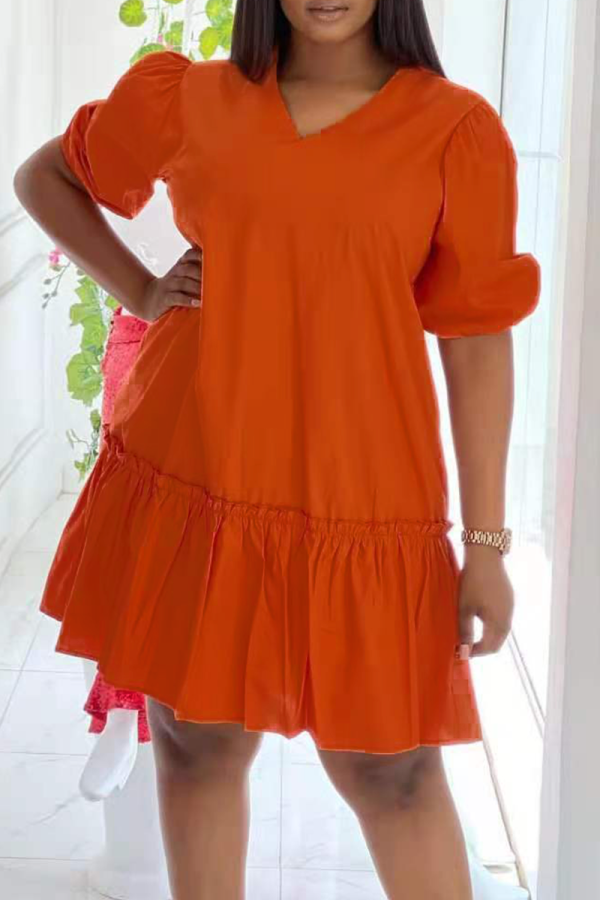 Tangerine Red Casual Solid Patchwork V Neck Cake Skirt Dresses