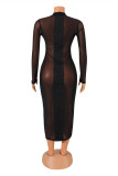 Black Fashion Sexy Patchwork See-through Half A Turtleneck Long Sleeve Dresses