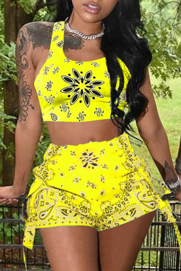 Yellow Sexy Patchwork Square Collar Sleeveless Two Pieces