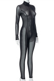 Black Fashion Sexy Solid See-through Turtleneck Skinny Jumpsuits