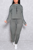 Grey Casual Leopard O Neck Long Sleeve Two Pieces