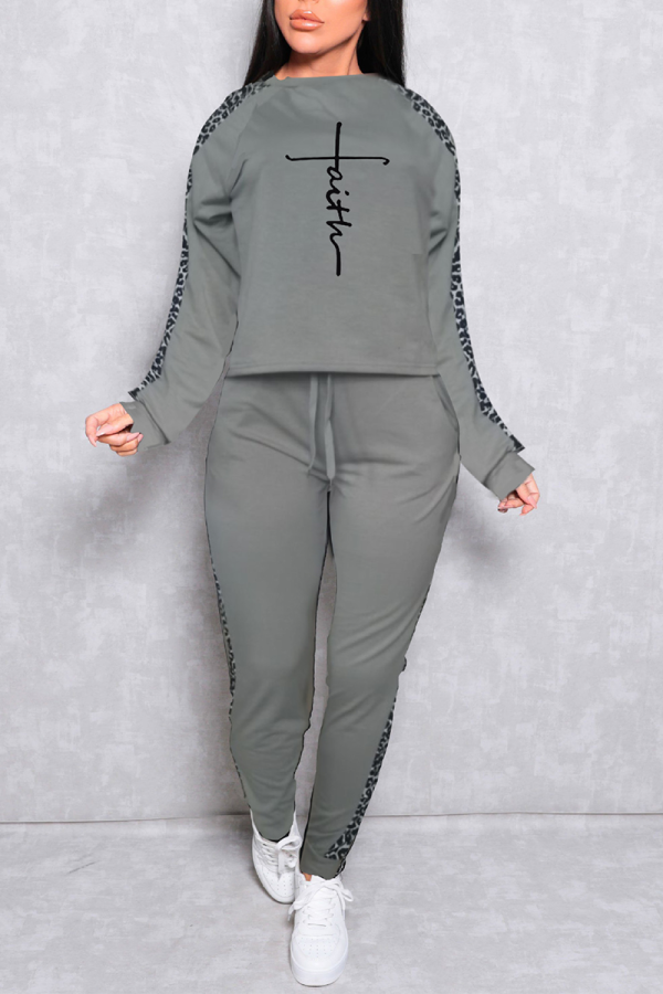 Grey Casual Leopard O Neck Long Sleeve Two Pieces