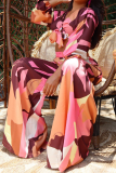 Pink Casual Print Patchwork V Neck Long Sleeve Two Pieces