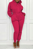 Rose Red Casual Solid Patchwork Zipper Hooded Collar Loose Jumpsuits