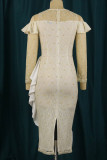 White Elegant Patchwork See-through Fold Asymmetrical O Neck Dresses
