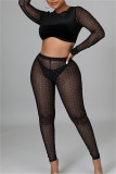 Black Fashion Sexy Patchwork Tear O Neck Long Sleeve Two Pieces
