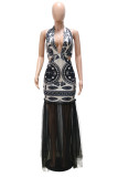 Cream White Fashion Patchwork Print See-through Backless Halter Evening Dress Dresses