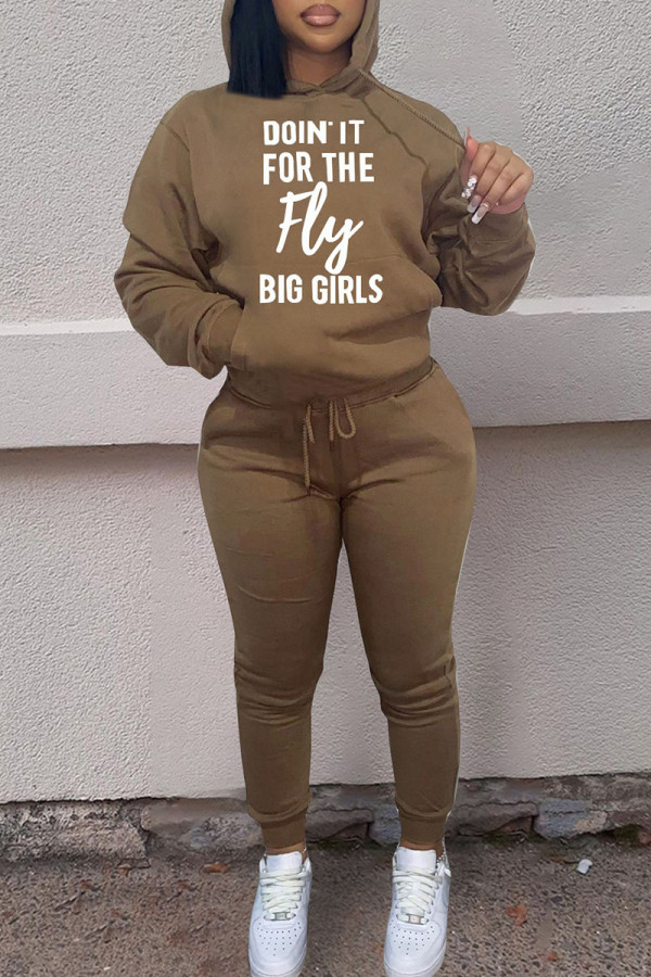 Brown Casual Print Patchwork Long Sleeve Two Pieces
