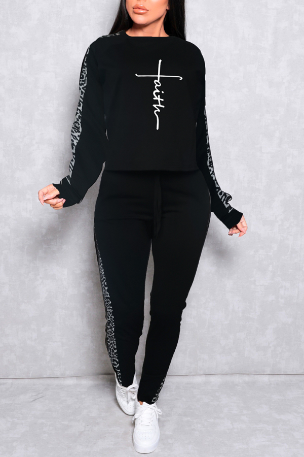 Black Casual Leopard O Neck Long Sleeve Two Pieces