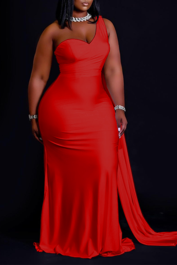 Red Casual Solid Patchwork One Shoulder Trumpet Mermaid Dresses
