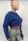 Blue Fashion Casual Solid Split Joint Hooded Collar Tops