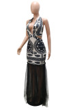 Cream White Fashion Patchwork Print See-through Backless Halter Evening Dress Dresses