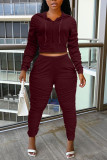 Burgundy Casual Solid Patchwork Fold Zipper Hooded Collar Long Sleeve Two Pieces