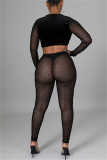 Black Fashion Sexy Patchwork Tear O Neck Long Sleeve Two Pieces