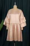 Apricot Fashion Casual Solid Patchwork Flounce V Neck Long Sleeve Dresses