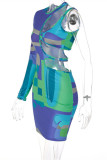 Colour Fashion Sexy Print Hollowed Out O Neck Long Sleeve Dresses