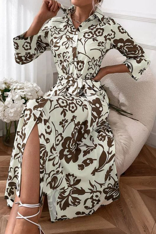 Brown Casual Print Patchwork Buckle Turndown Collar Shirt Dress Dresses