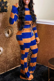 Blue Casual Striped Print Patchwork O Neck Long Sleeve Two Pieces