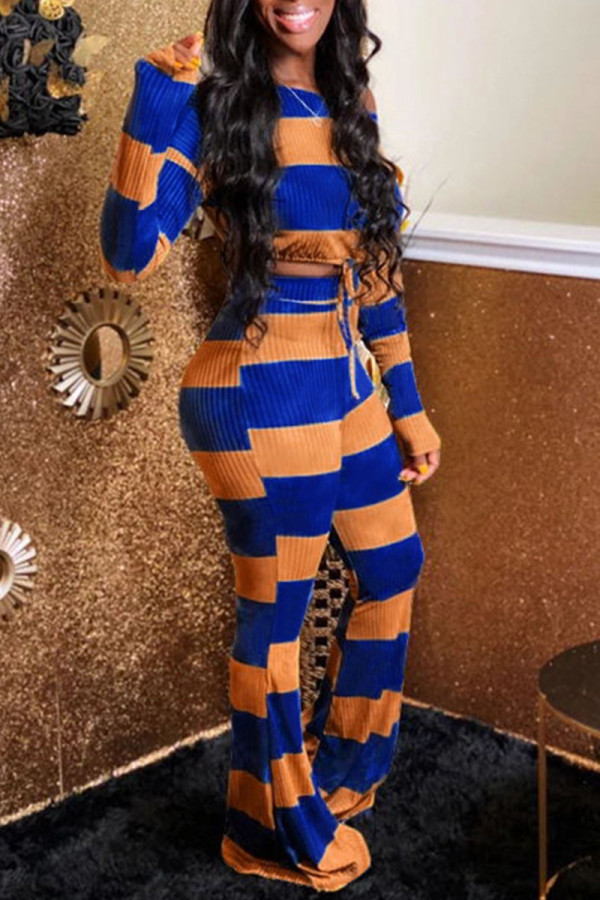 Blue Casual Striped Print Patchwork O Neck Long Sleeve Two Pieces