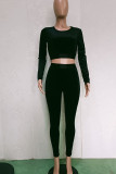 Black Sexy Solid Split Joint O Neck Long Sleeve Two Pieces
