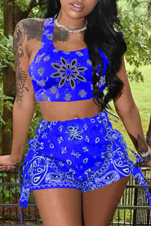 Blue Sexy Patchwork Square Collar Sleeveless Two Pieces