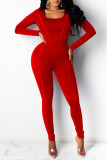 Red Fashion Casual Solid Patchwork U Neck Long Sleeve Two Pieces