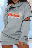 Grey Fashion Casual Letter Print Patchwork Zipper Turtleneck Long Sleeve Dresses