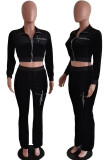 Black Casual Solid Embroidered Patchwork Zipper Long Sleeve Two Pieces