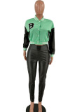 Grass Green Casual Street Print Embroidered Patchwork Buckle Long Sleeve Two Pieces