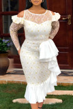 White Elegant Patchwork See-through Fold Asymmetrical O Neck Dresses