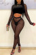 Black Fashion Sexy Patchwork Tear O Neck Long Sleeve Two Pieces