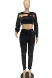 Coffee Sexy Solid Hollowed Out Split Joint Fold Asymmetrical O Neck Long Sleeve Two Pieces