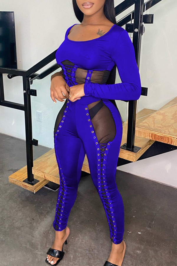 Blue Fashion Sexy Patchwork Bandage See-through O Neck Long Sleeve Two Pieces