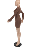 Coffee Sexy Solid Patchwork Zipper Collar Pencil Skirt Dresses