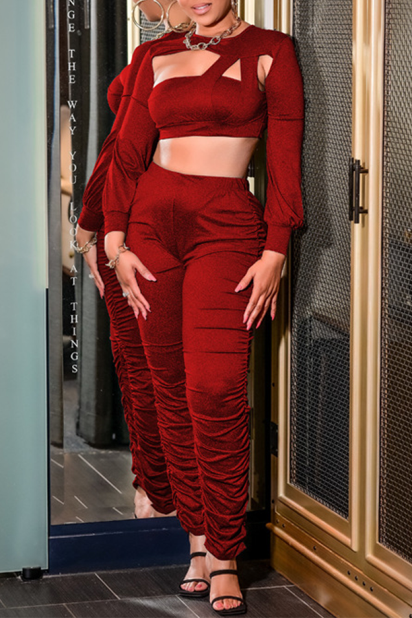 Red Sexy Solid Hollowed Out Fold O Neck Long Sleeve Two Pieces
