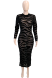 Black Sexy Patchwork See-through O Neck Pencil Skirt Dresses