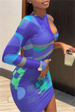 Colour Fashion Sexy Print Hollowed Out O Neck Long Sleeve Dresses