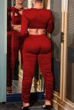 Red Sexy Solid Hollowed Out Fold O Neck Long Sleeve Two Pieces