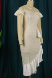 White Elegant Patchwork See-through Fold Asymmetrical O Neck Dresses