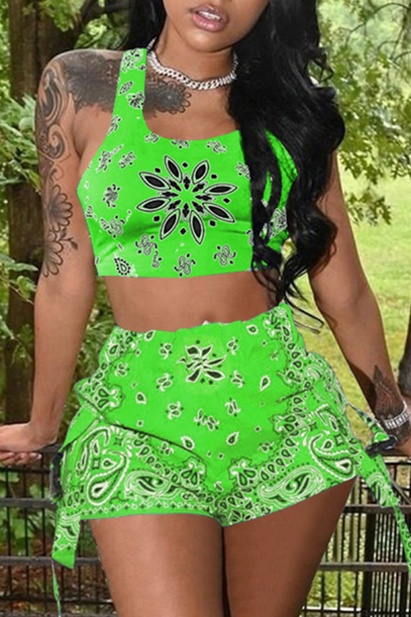 Green Sexy Patchwork Square Collar Sleeveless Two Pieces