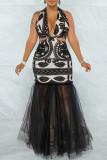 Cream White Fashion Patchwork Print See-through Backless Halter Evening Dress Dresses