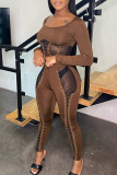 Rose Red Fashion Sexy Patchwork Bandage See-through O Neck Long Sleeve Two Pieces