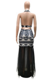 Cream White Fashion Patchwork Print See-through Backless Halter Evening Dress Dresses