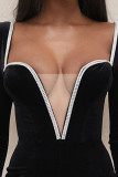 Black Sexy Solid Patchwork Rhinestone V Neck One Step Skirt Dresses