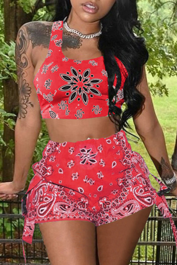 Red Sexy Patchwork Square Collar Sleeveless Two Pieces