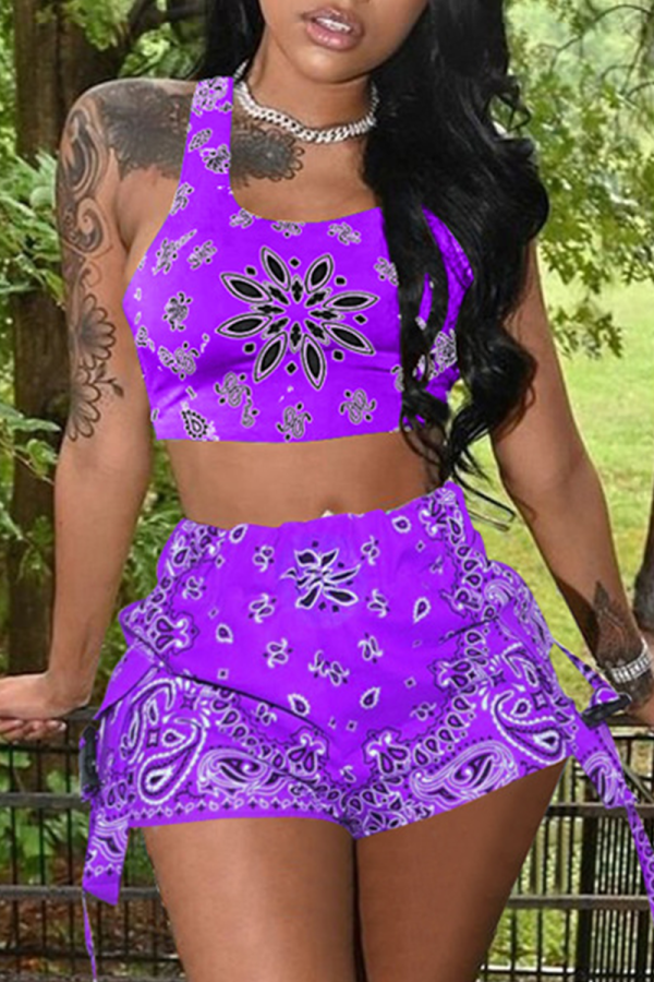 Purple Sexy Patchwork Square Collar Sleeveless Two Pieces