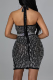 White Fashion Sexy Hot Drilling Hollowed Out Backless Halter Sleeveless Dress
